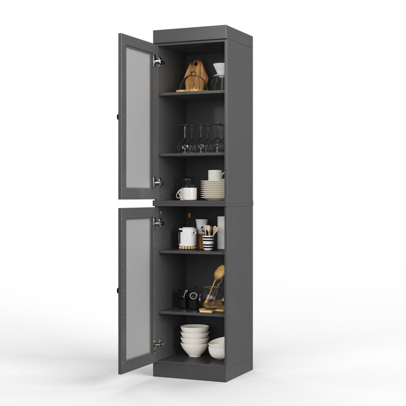 Garde-manger Jaylena 100% bois massif 16,5 po avec portes en verre givré et tablettes réglables, Gris