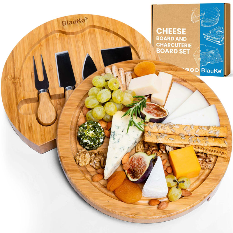 Bamboo Cheese Board and Knife Set 10inch Diameter