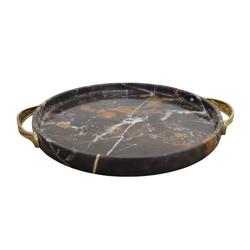12” Round Black & Gold Marble Serving Tray – Elegant Luxury Home & Kitchen Decor, 12"W x 0.5"D x 1"H