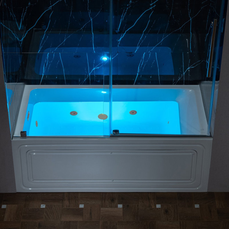 60" X 30" Alcove Acrylic Rectangular Whirlpool Heated Jetted Tub In White With Drain and Overflow, Left, Brushed Gold