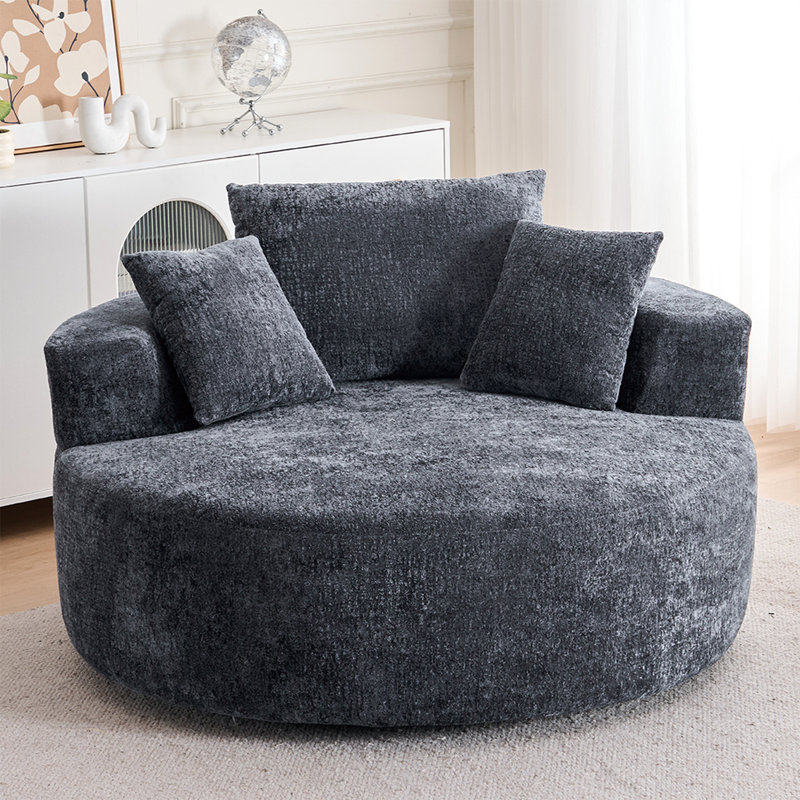 Fauteuil d'appoint gris rond et pivotant en chenille de 360 po, canapé moderne moelleux pour le salon, la chambre à coucher, la salle de lecture et le salon, avec profondeur de 55,14 po de largeur, 32,82 po de hauteur et 85 lb de poids