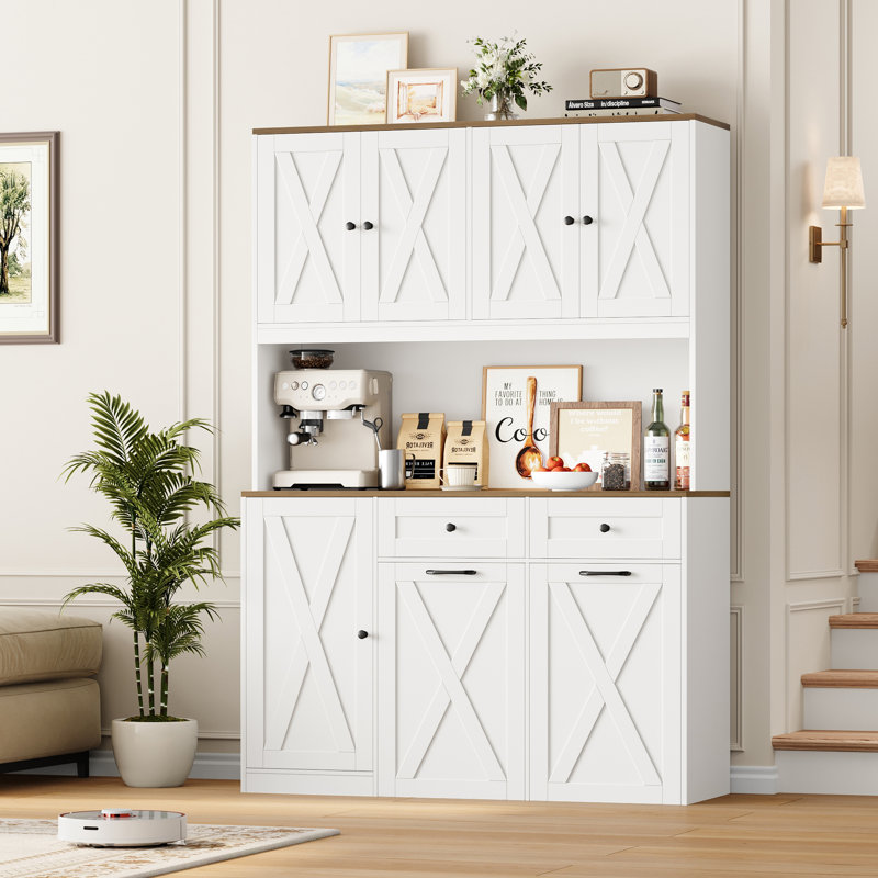 70.9" Kitchen Pantry Cabinet With Microwave Shelf & Push-Pull Trash Can Cabinet, Dog Proof Trash Can Cabinet