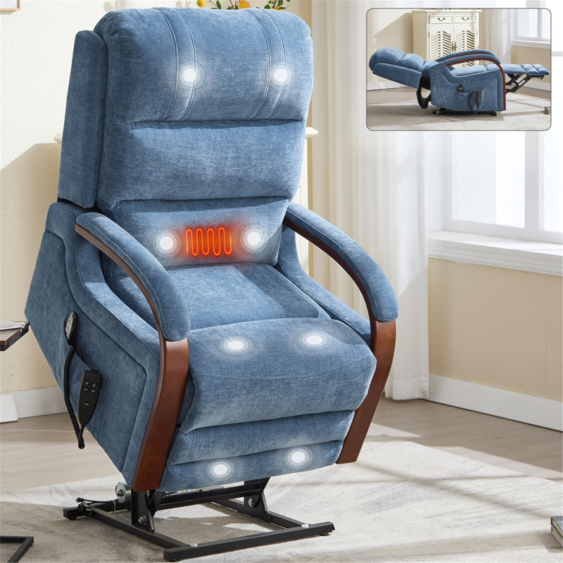 Power Blue Chenille Lift Recliner Chair Dual Motor Infinite Position Up To 350 LBS With Solid Wood Armrests, Heat Massage And Heavy Duty Motion Mechanism