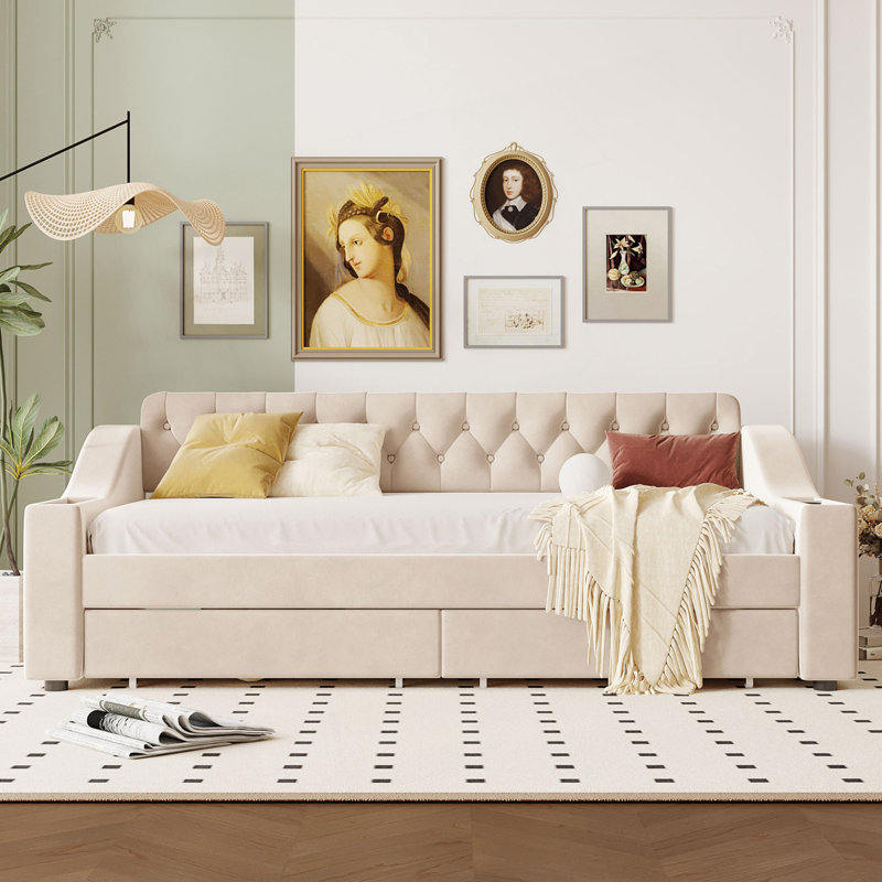 Twin Size Upholstered Daybed With Storage Armrests And Drawers, Day Bed, Beige