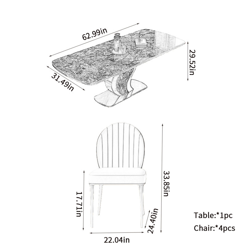 Modern Light Luxury Sintered Stone Dining Table Se 4 - Person Pedestal Dining Set, 29.52"H x 62.99"L x 31.49"W 