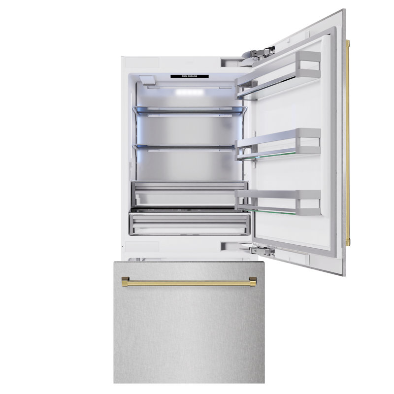 ZLINE Autograph 36 in. Built-In Refrigerator in White Matte w/ Bronze Accents, Satin Stainless Steel/Polished Gold