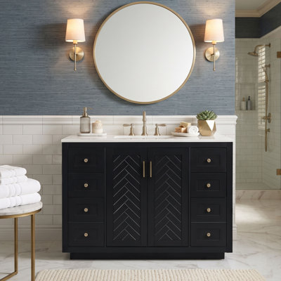 Meuble-lavabo de style ferme moderne de 48 po avec lavabo, 6 tiroirs et portes à chevrons, armoire en MDF (noir/blanc)