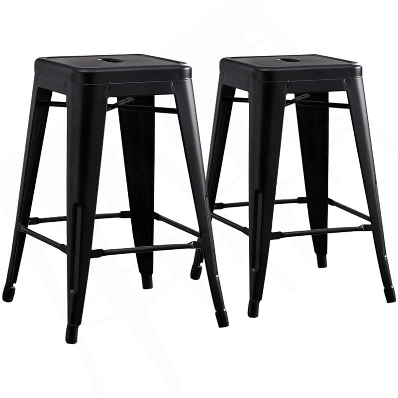 Contemporary Rustic Vintage Backless Metal Bar Stools- Kitchen Counter Bar Stool, 24Inch Height - Set Of 2 - Matte Black