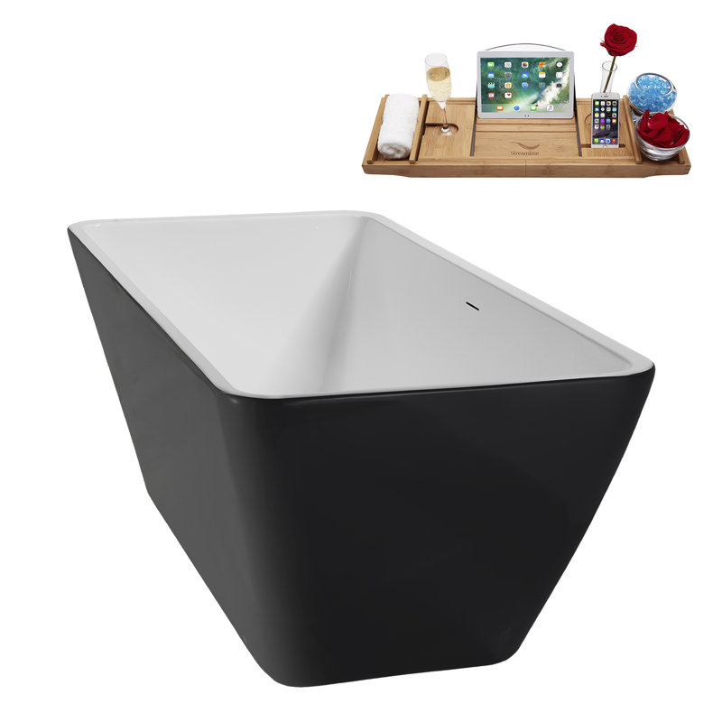 59" Streamline Soaking Freestanding Tub and Tray With Internal Drain, Brushed Brass