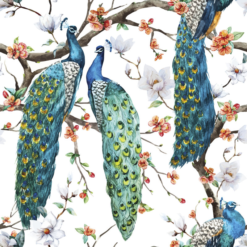 Motif de paon aquarelle - impression, H 30 po x l 30 po