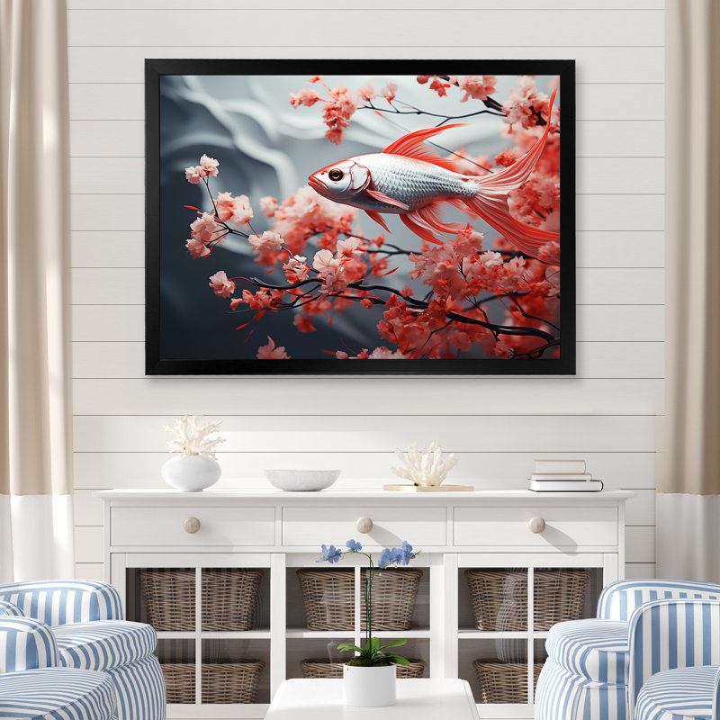 " Red And Grey Kois Fish Swimming With Serenity II ", 12" H x 20" W x 1" D, Black Single Picture Framed