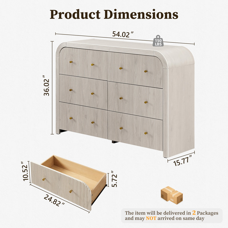 54" Fluted 6-Drawer Dresser With Thickened Curved Profile, Alder White