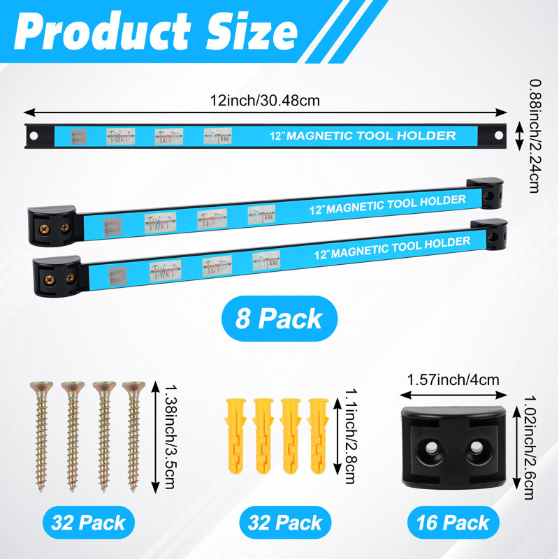 8PCS Magnetic Tool Holder Strip, 0.88" H x 12" W x 0.5" D, Light Blue