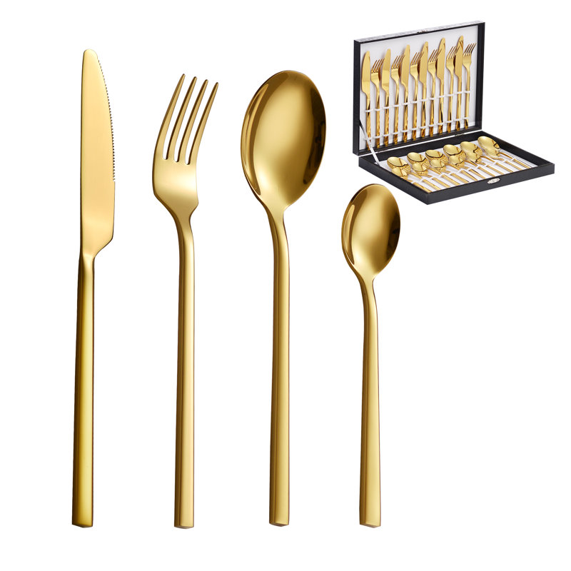 Velaze Series, 24-Piece Gold Square Handle Stainless Steel Cutlery Set, Service For 6