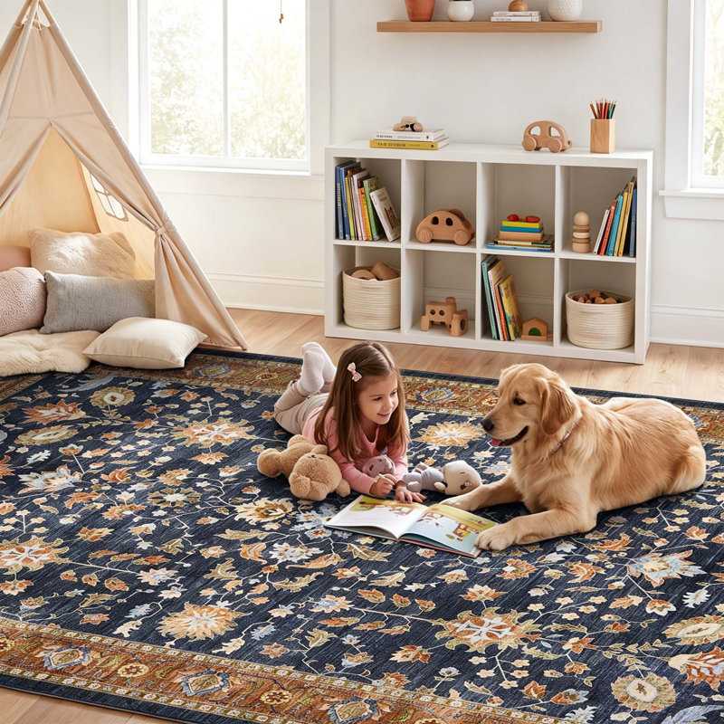 Tapis floral rétro vieilli, Bleu tangerine, 10 x 13 pi
