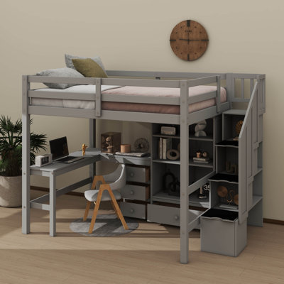 Full Size Loft Bed Complete With  Desk, Cabinet, And Storage Staircase