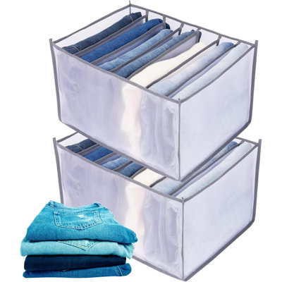 Upgraded Jeans Organizer For Closet, Wardrobe Clothes Organizer, Pant Organizer, Mesh Foldable Clothes Compartment Organizers And Storage For Jeans, Pants, Leggings, 2 Pack, Large 7 Grids