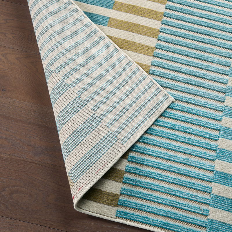 Tapis rayé bleu / jaune intérieur / extérieur Sarmiento, Rectangle 8 pi 6 po x 11 pi 6 po