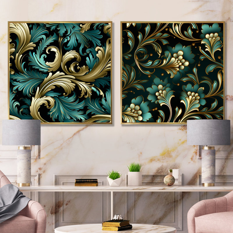 Motif damassé de luxe doré et vert - ensemble de 2 toiles abstraites botaniques, Encadrement doré, H 16 po x l 33 po x P 1 po