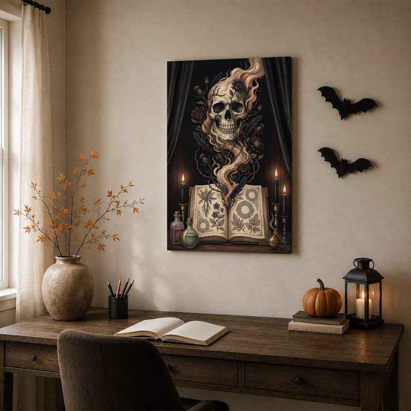 Art mural sur toile gothique crâne gothique avec bougies allumées et grimoire ouvert, H 18 po x l 12 po