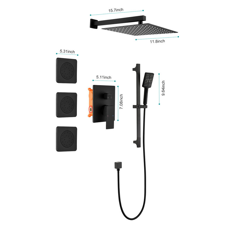 Système de douche pour salle de bain en noir mat avec débit d'eau stable: tête, douche à main, barre coulissante, jets pour le corps, accoudoir, tuyau, garniture de soupape