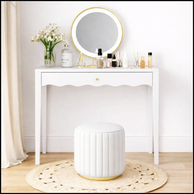 Meuble-lavabo compact 35,43 pouces avec tiroir - table de maquillage élégante avec façade festonnée, poignée dorée et pieds robustes pour les petits espaces
