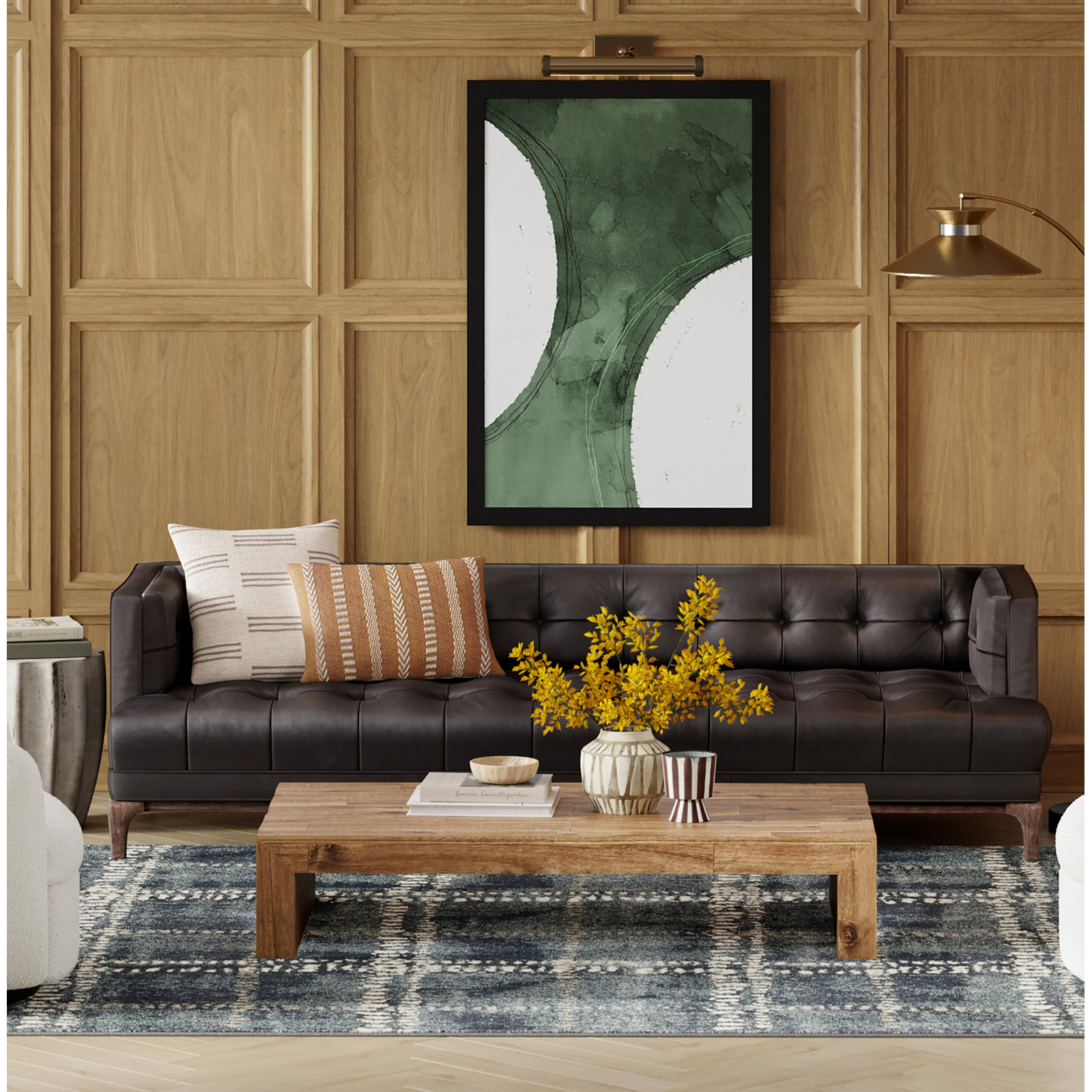 Bari 91'' Tufted Tuxedo Sofa, Brown, Rider Black Genuine Leather