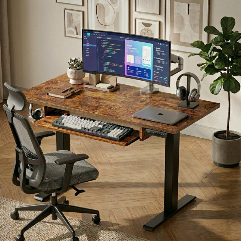 Bureau debout électrique à hauteur ajustable avec 4 préréglages de mémoire et plateau à clavier, Brun