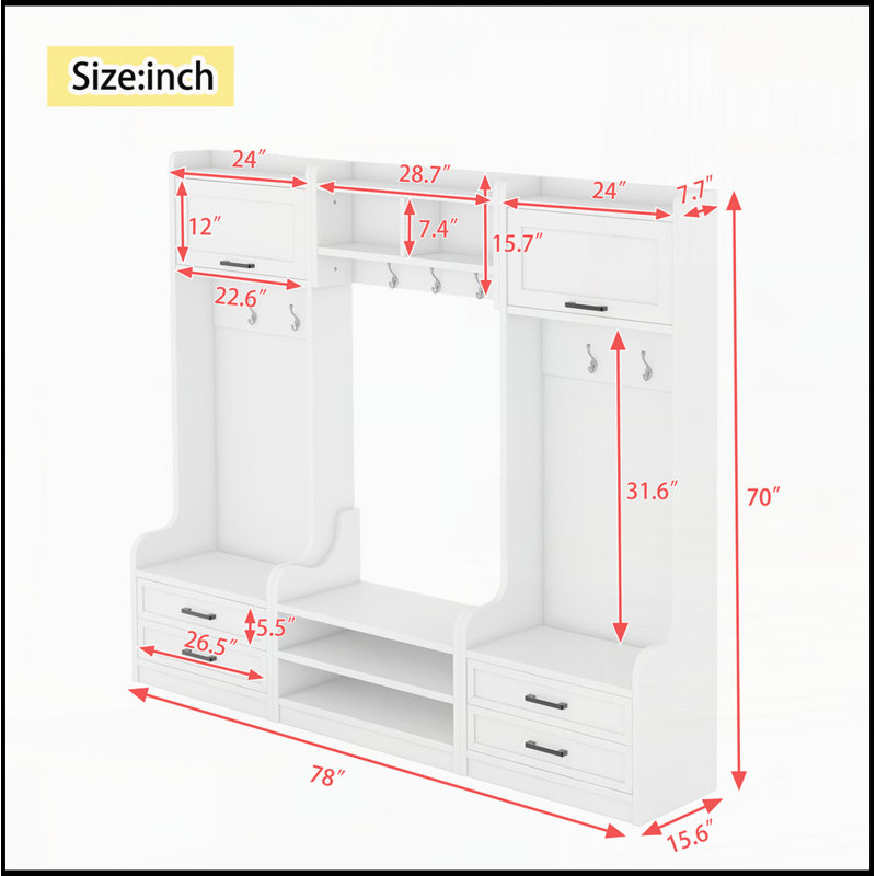 4-in-1 Hall Tree with Storage and 7 Hooks, Multiple Functions Hallway Coat Rack with Storage Drawers and Cabinet, White