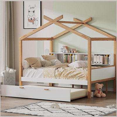 White Full Size Wooden House Bed with Original Wood Colored Frame Twin Size Trundle and Bookshelf Storage Space for Children or Guest Room
