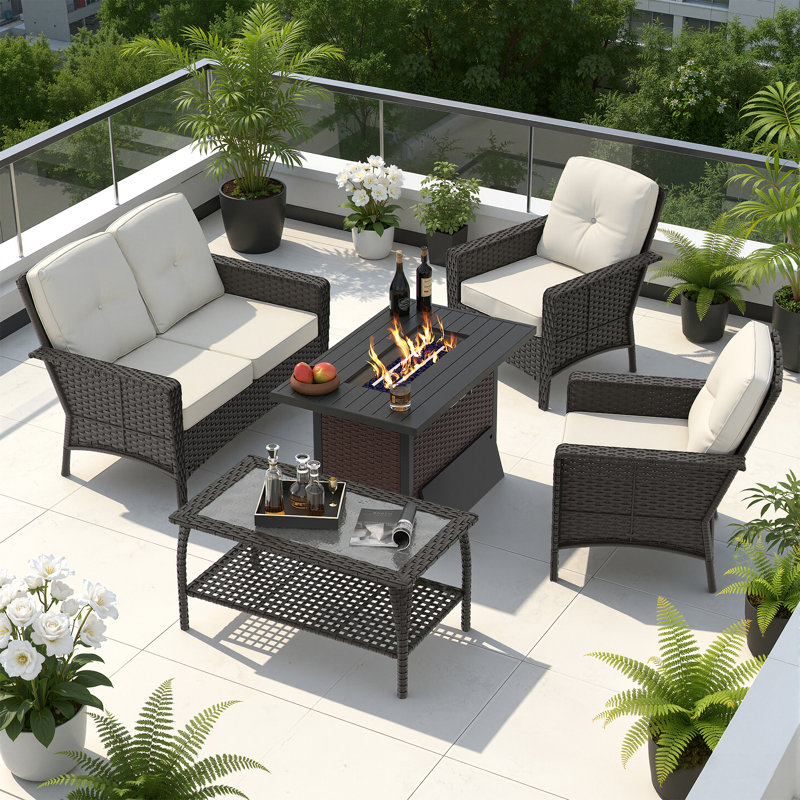 5-piece Outdoor Wicker Patio Conversation Set With 43" 50,000 Btu Gas Fire Pit Table, Love-seat Sofa, Tempered Glass Coffee Tables & Csa Certification