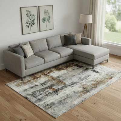 Tapis lavable abstrait gris anthracite et brun 9 pi x 12 pi avec protection UV