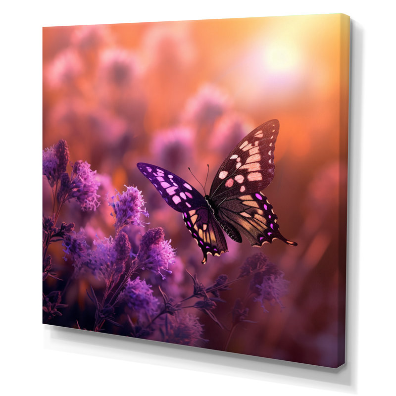 Papillon rose, coucher de soleil magique I, H 36 po x l 36 po x P 1,5 po, Toile tendue