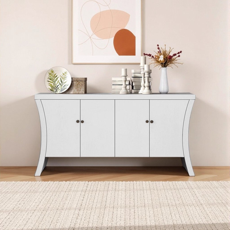 Armoire de rangement 4 portes avec pieds en bois, Blanc