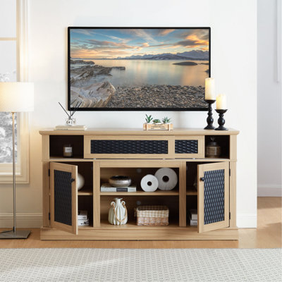 Meuble télé embossé, console multimédia avec rangement ouvert et fermé, portes coulissantes pour le salon et la chambre à coucher, l 58,27 po de largeur, meuble télé