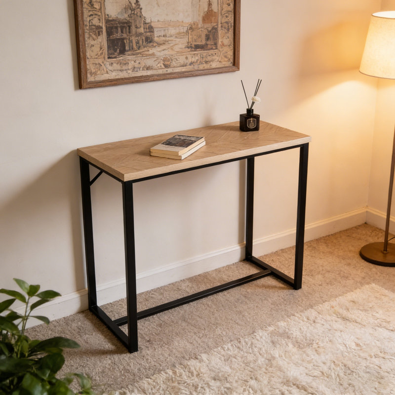 Console compacte côtière moderne, éléments en bois naturel et en métal noir, 39 po de long, polyvalente pour différents styles d'intérieur en métal, complémentaire aux décors