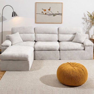 Canapé modulaire en L avec dossier haut, canapé de coin avec tissu chenille flammé, coussin éponge haute densité compressé, lit convertible, canapé sans assemblage peu encombrant