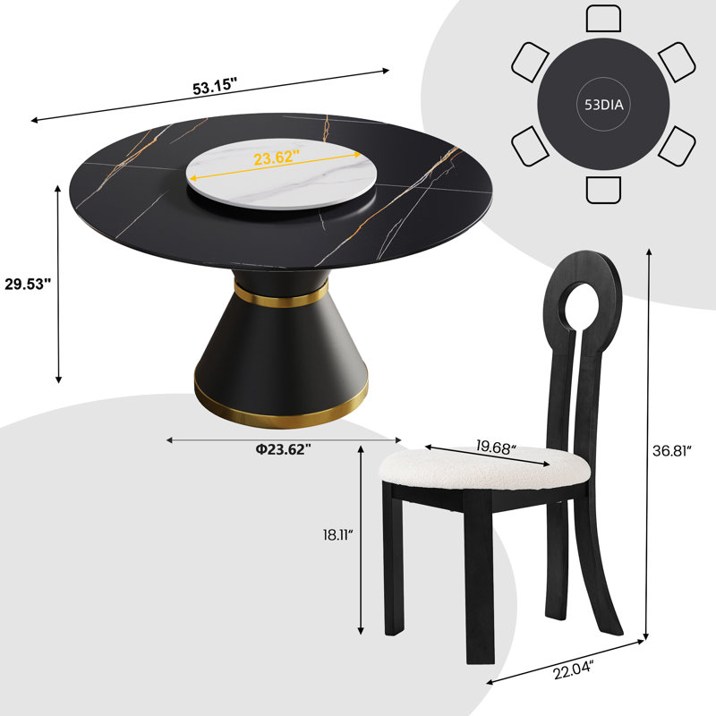 6 Seat Modern Round Sintered Stone Dining Table With Rotating Tray,modern Key-shaped Dining Chairs, Black/White