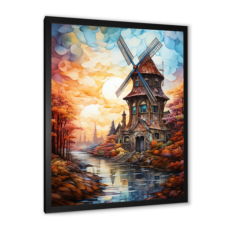 «Windmill Sunset Coastal Breeze II - Wind Turbines», art mural, Cadre simple noir, H 20 po x l 12 po x P 1 po