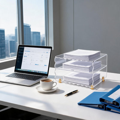 2‑Tier Clear Acrylic Desk Organizer with Wave‑Shaped Edges and Gold Metal Feet, Open Letter Tray Storage Rack for A4 & Letter‑Size Documents, Ideal for Home and Office Desktop Organization