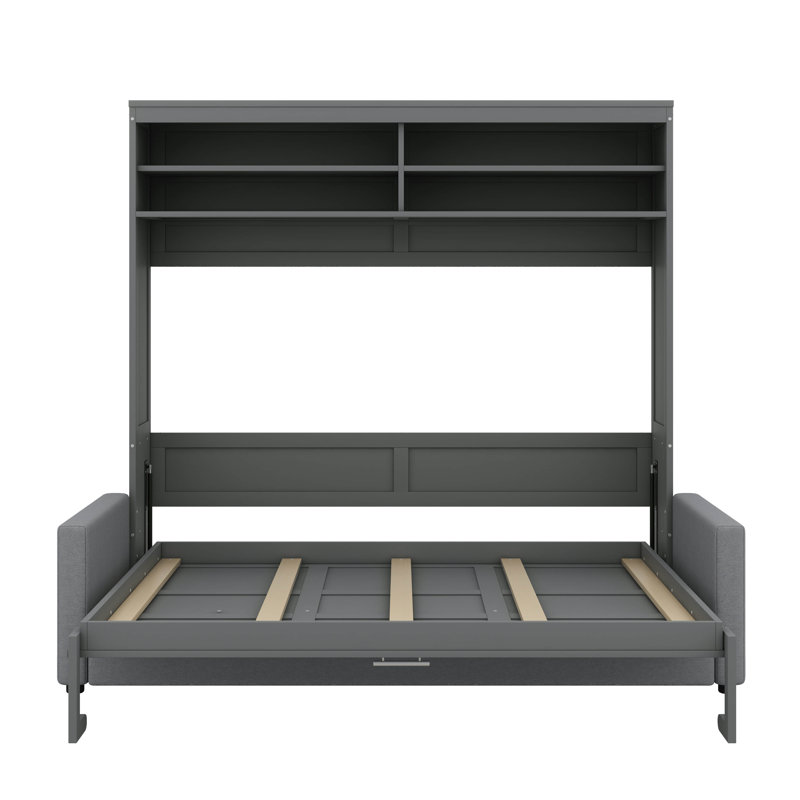 Grand lit escamotable mural avec canapé et tablettes, gris