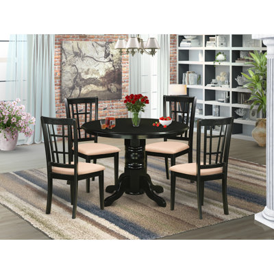 5 Piece Modern Dining Table Set Includes a Round Kitchen Table with Pedestal and 4 Linen Fabric Kitchen Dining Chairs, Black