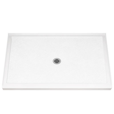 Base de douche à seuil simple L 48 po x l 36 po avec drain central, bac à douche en acrylique renforcé de fibre de verre, plateau de douche blanc brillant avec ensemble de drain, base de douche à bride carrelée à 3 côtés pour installation en alcôve à 3 murs