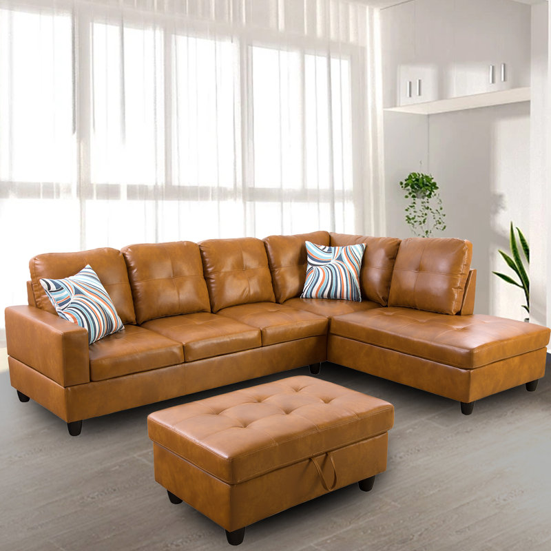 Elsiana 3 Piece Faux Leather Modular Living Room Set, Leather Couch Set, Left Hand Facing, Yellow Faux Leather