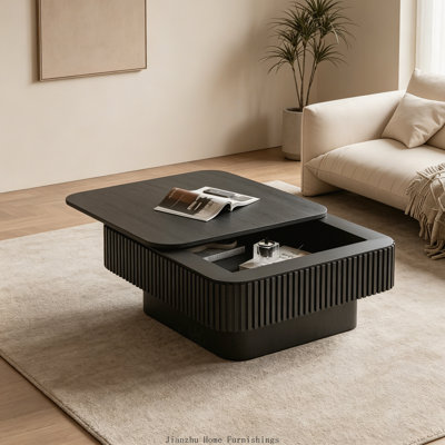 Table basse 31,5 pouces carrée avec rangement, table d'appoint moderne en placage de bois massif pour le salon, noir