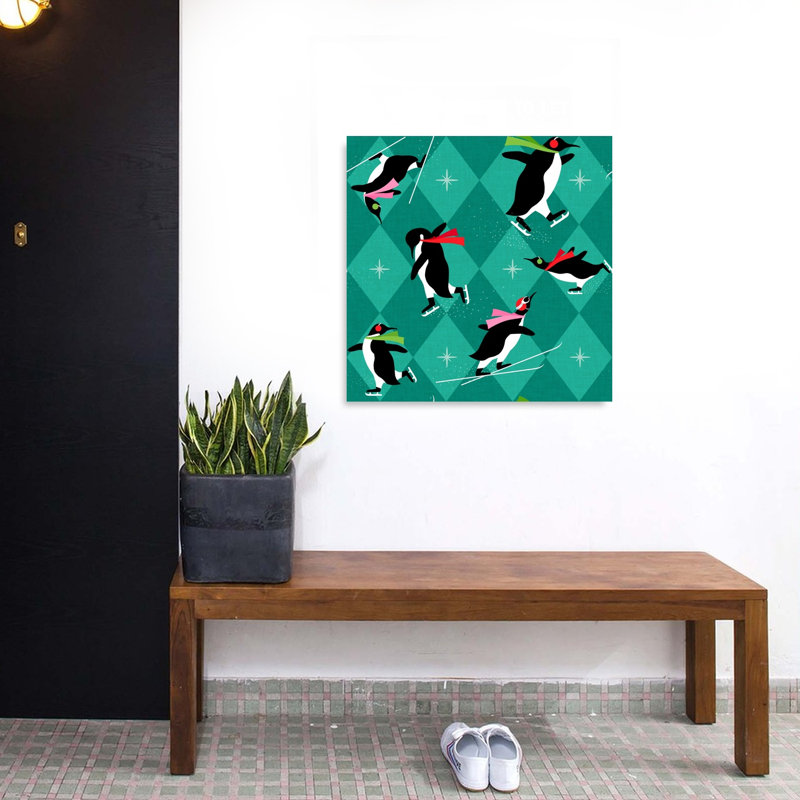 Skiing Skating Penguins Playful Retro Whimsical Bird Penguin Winter Landscape Wall Art Print by Dominique Vari - Wrapped Canvas Print