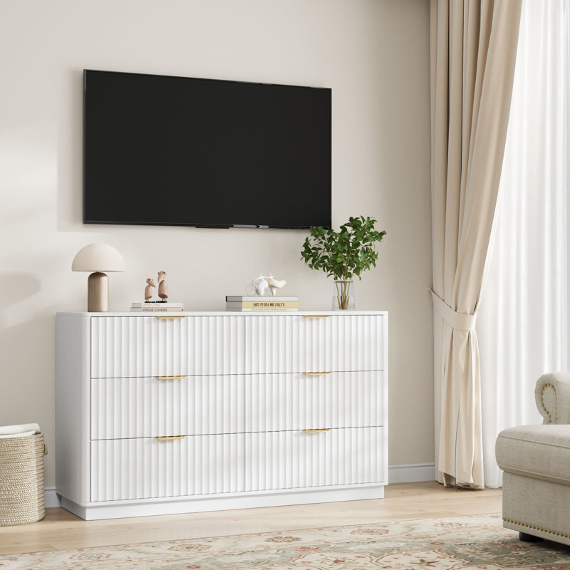 54'' W Fluted 6 - Drawer Dresser, Wooden Double Dresser Chest Of Drawers For Bedroom, White