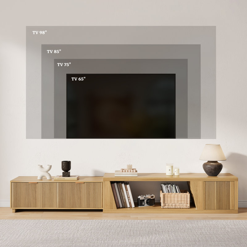 Wood Extendable TV Stand From 63"W-98.5"W With Storage Cabinet, Adjustable Shelf & Drawers For Living Room, Light Brown