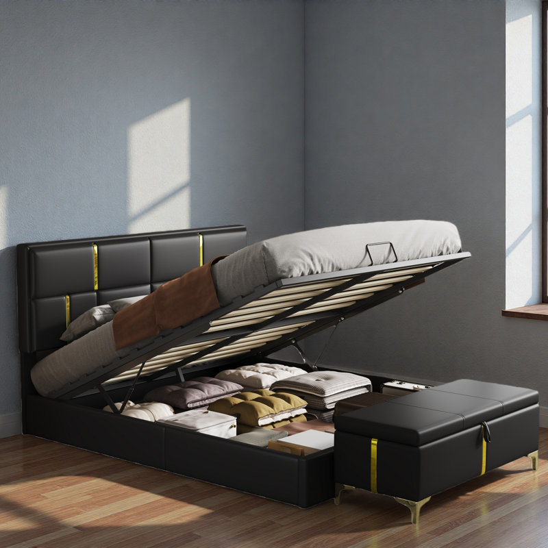 Les ensembles de chambre à coucher 2 pièces comprennent 1 lit plateforme tapissier avec système de rangement hydraulique, 1 repose-pieds avec rangement et pieds en métal