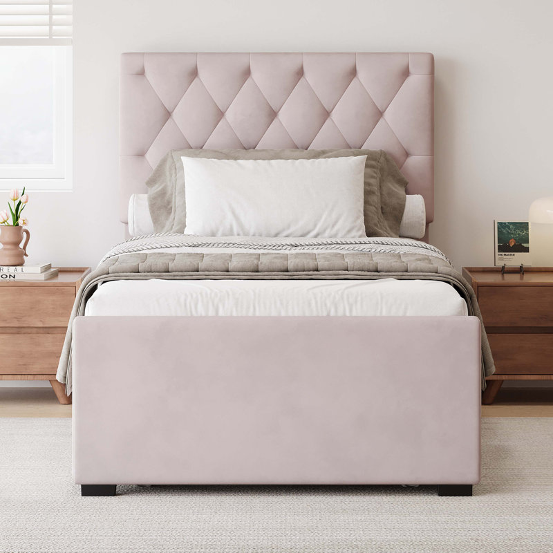 Lit plateforme tapissier avec lit gigogne, Rose